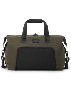 TUMI Alpha 3 Double Expansion Satchel Olive Night with front zip pocket and rear strap to attach to luggage. 