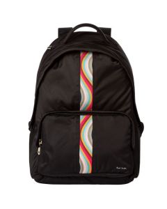 This Black Nylon Medium Backpack with Swirl Detailing was designed by Paul Smith. 
