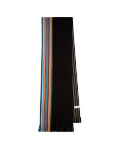 This Black Wool Signature Stripe Edge Scarf is designed by Paul Smith. 