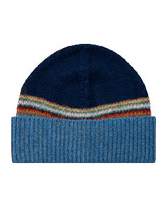 This Paul Smith Men's 'Signature Stripe' Blue Lambswool-Mohair Beanie Hat is lightweight and soft to the touch.