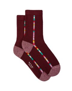 Women's Burgundy Coloured Stripe Socks designed by Paul Smith.