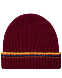 This is the Men's Burgundy Stripe Lambswool Hat designed by Paul Smith. 