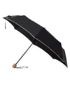 This Telescopic 'Signature Stripe' Compact Umbrella by Paul Smith has the brand name engraved on the bottom of the wooden handle. 