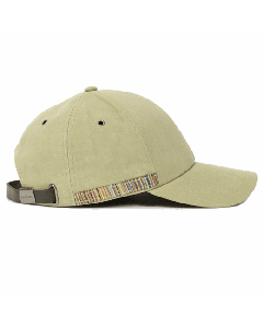 Paul Smith's Signature Stripe Trim Olive Green Linen Cap with signature stripe detailing on one side.