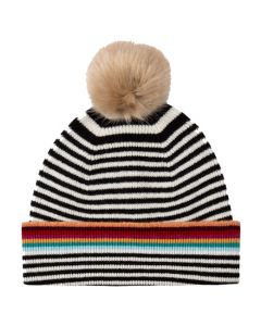This Monochrome Stripe Knitted Wool Pom-Pom Beanie was designed by Paul Smith. 