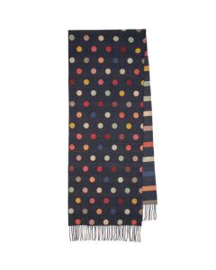This Spot-Stripe Navy Wool-Cashmere Scarf was designed by Paul Smith. 