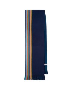 This Navy Wool Signature Stripe Edge Scarf was designed by Paul Smith. 