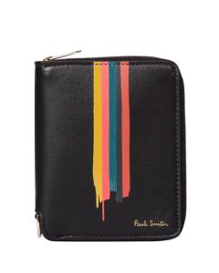 This Black Leather Zip-Around Wallet with Painted Stripe Detailing has been designed by Paul Smith. 