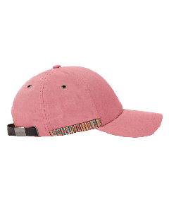 Paul Smith's Pink Linen Signature Stripe Trim Cap has an adjustable leather strap in grained brown leather.