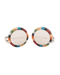 These Paul Smith Men's Circle Signature Stripe Edge Cufflinks are made with copper and zinc with a resin plating.