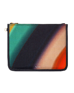 This Paul Smith Spray Swirl Print Pouch with Leather Trim has gold hardware and navy leather trims.