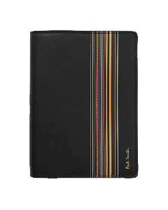 This Paul Smith Signature Stripe Block Leather Passport Cover 3CC  is made with black calfskin leather and features the signature stripe detailing on the front. 