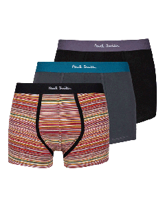 Paul Smith's Signature Stripe 3 Pack Boxer Briefs with a mix of plain black, grey and a signature stripe. 