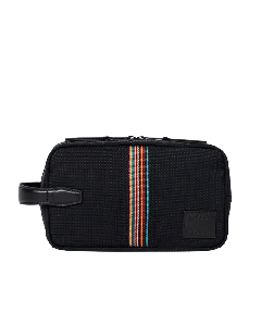This Paul Smith wash bag features their signature stripe detailing and comes in a black mesh exterior. 