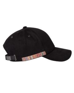 This Signature Stripe Trim Black Cotton Baseball Cap by Paul Smith has a black leather strap on the back which is adjustable with the buckle.