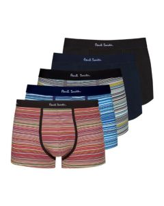 Paul Smith's Organic Cotton 5-Pack 'Signature Stripe' and Plain Boxer Briefs has the brand name on the waistband of each one.
