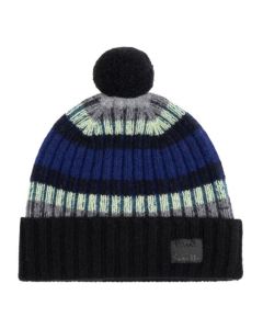 Freya Stripe Ribbed Knit Wool Pom-Pom Beanie Hat