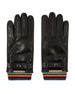 Men's 'Signature Stripe' Cuff Black Leather Gloves