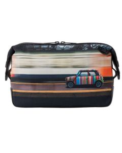 Paul Smith's Men's 'Commuter Mini' Print Wash Bag is made with recycled polyester and cowhide leather trims in black to compliment the print.