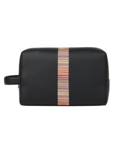 Paul Smith's Black Leather Signature Stripe Wash Bag has a side grab handle so you can easily carry this wash bag.