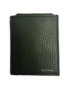 The Paul Smith brand name has been embossed onto the green leather of this card holder.