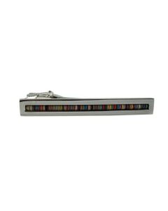This Paul Smith silver tie bar comes with a striped enamel interior.