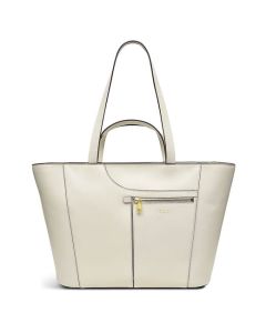 Radley's Pockets Icon Light Natural Tote Bag, Large is made from plain leather with gold hardware matching the gold foil embossed logo on the front.