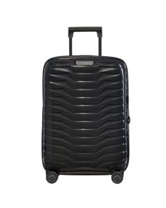 This Samsonite Proxis Spinner Expandable Black Carry On Case, 55 cm has a hard shell exterior and a sleek black surface.