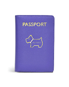 Radley's Heritage Dog Outline Purple Passport Cover is made out of smooth leather with gold foil embossing.