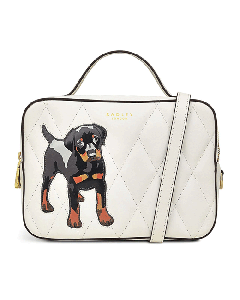 This Radley And Friends Natural Leather Small Grab Bag is made out of off-white leather and has a quilted pattern on the front.