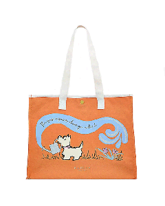 Radley's The Grass Is Greener Large Orange Canvas Tote Bag with white handles and trim.