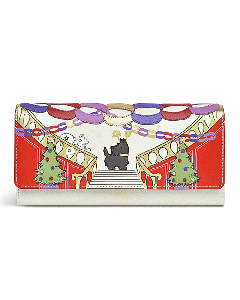 Radley's Party Pals Large Flapover Matinee Purse features the Scottie Dog in the hallway with two Christmas trees. 