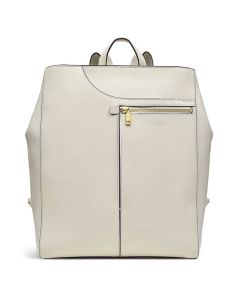 Radley's Pockets Icon Medium Ziptop Backpack in Chalk has a front zip pocket with gold hardware, just above the foil embossed Radley logo.