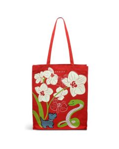 Radley's Lunar New Year 2025 Crimson Medium Canvas Tote Bag has orchids and a snake on the front of the bag with the orchids also on the back.