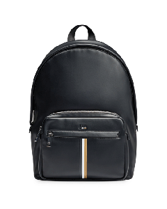 This BOSS Ray Faux Leather Central Stripe Backpack has a raised front zip pocket.