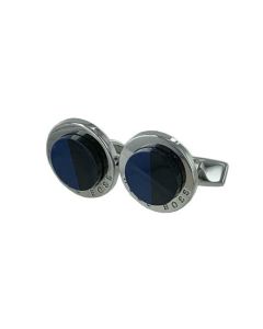 Hugo Boss round silver cufflinks with logo engraving. 