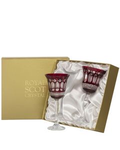 These Royal Scot Crystal Belgravia 2 x 25cl Ruby Red Large Wine Glasses will be presented inside a gold and ivory satin gift box.