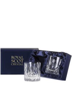 These Royal Scot Crystal Scottish Thistle 2 x 38cl Large 'On the Rocks' Tumblers will be presented inside a satin-lined gift box.