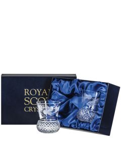 These Flower of Scotland 2 x 16cl Thistle Shape Whisky Tumblers will be presented inside a Royal Scot Crystal gift box. 