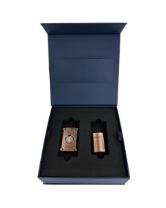 This Brushed Copper Minijet Lighter & Cigar Cutter Gift Set was designed by S.T. Dupont Paris. 