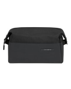 This Samsonite Stackd Toilet Kit Pouch in Black has a small black rubber plaque on the front with the Samsonite brand name.