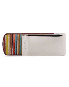 This Paul Smith Signature Stripe Leather Money Clip has the logo engraved onto the metal.