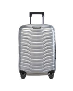 Samsonite's Proxis Spinner Expandable Silver Carry On Case, 55 cm has a hard-shell exterior that has shock resistance.