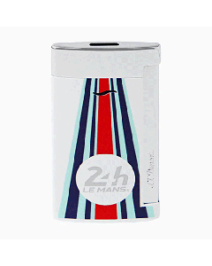 This Slim 7 24H du Mans White & Chrome Lighter is by S. T. Dupont and has a design with white, blue and red. 