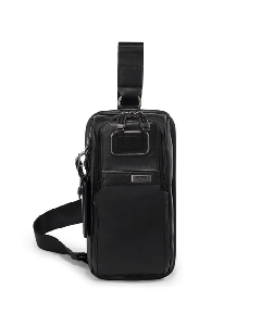 TUMI's Alpha 3 Black Leather Compact Sling Bag has a leather patch on the front for personalisation.