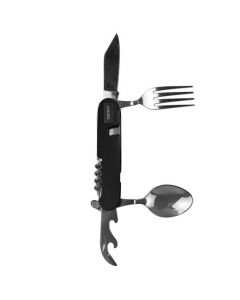 This Society Paris Stainless Steel Black Cutlery Multi-Tool features a fork, knife, spoon, corkscrew and more. 