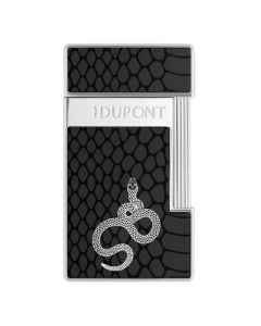 This S.T. Dupont Slimmy Black Snake Skin Chrome Lighter has polished silver trims and a black lacquer inlay with a snakeskin design.