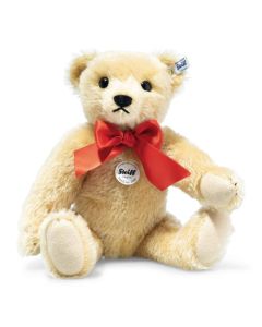 Steiff's Classic 1909 Teddy Bear 35 cm is made out of a mohair and cotton blend with a soft touch and satin ribbon neck tie.