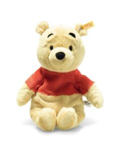 Steiff's Soft Cuddly Friends Disney Originals Winnie The Pooh is made out of soft plush with a synthetic filling and beanbags in the hands and feet.