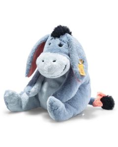 Steiff's Soft Cuddly Friends Disney Originals Eeyore is made out of soft plush with a synthetic stuffing and partly bean bag to add some texture.
